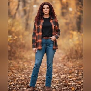 Old Navy The Boyfriend Shirt M Orange Black Plaid Flannel Taylor Swift Evermore